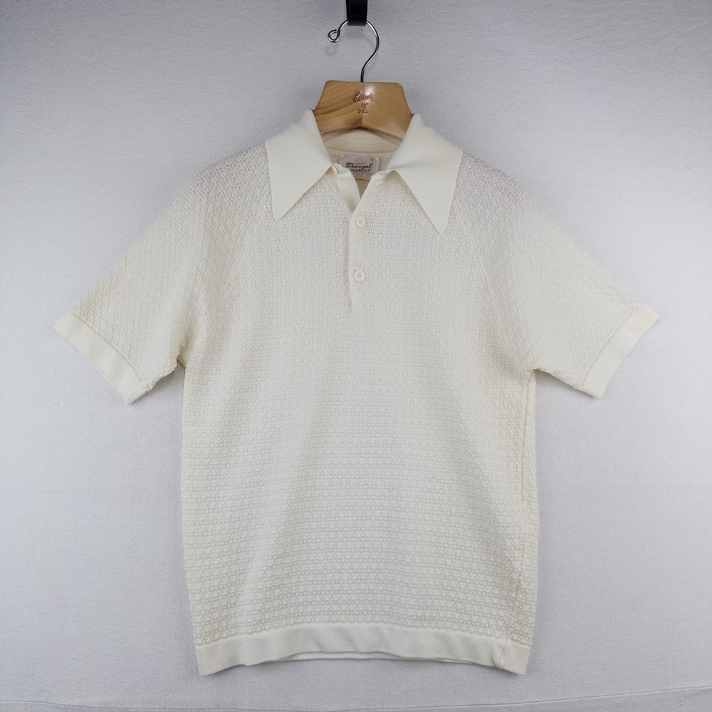 70's Vtg Donegal Colesta Men's M Cream Ivory Textured Polo Shirt Dagger Collar